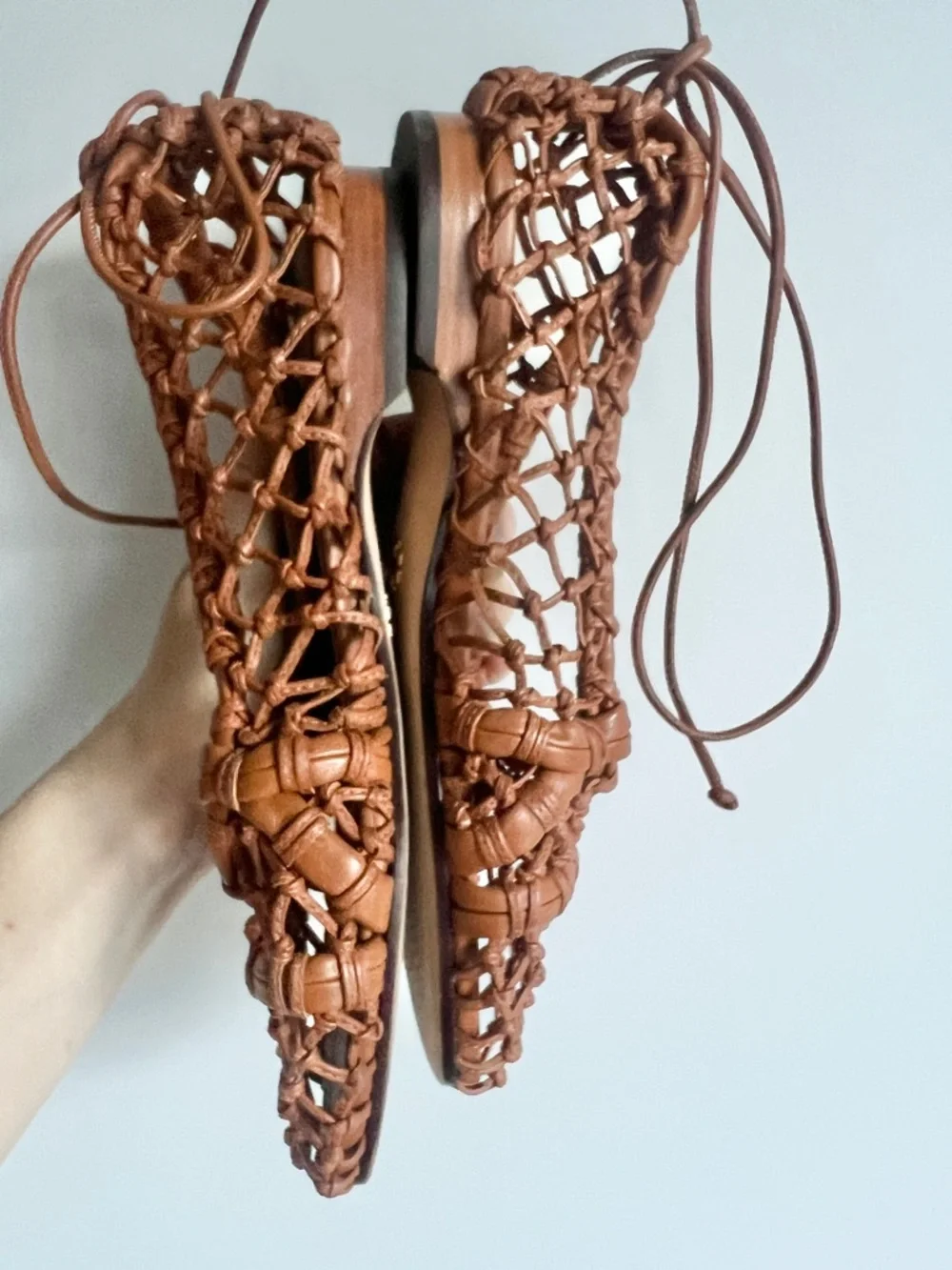Tory Burch Helena Woven Leather Mesh Lace up Ballet Flats in Ambra Tan Size 7 M